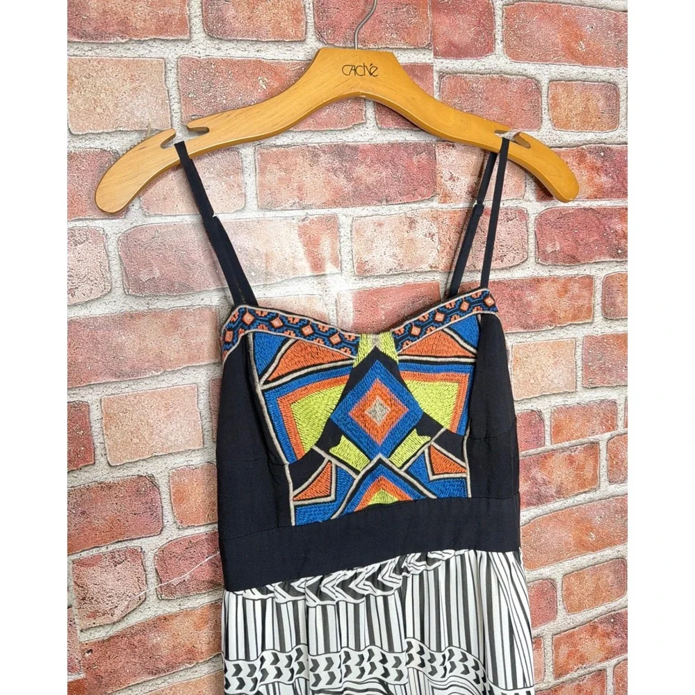 Flying Tomato‎ Embroidered Geometric Tribal Print Maxi Dress Black White Medium